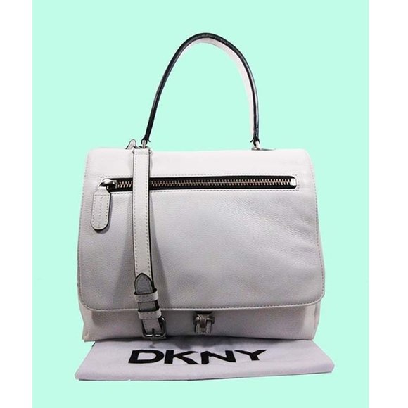 DKNY LG Flap Top Handle White Leather Shoulder Bag